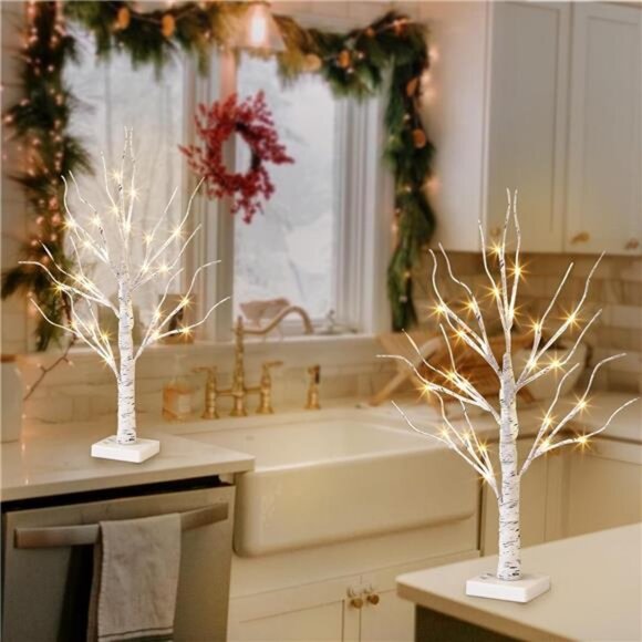 Vanthylit White Birch Tree with LED Lights - Set of 2, Tabletop Tree with - Picture 4 of 7